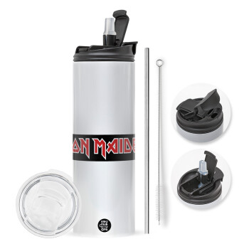 Iron maiden, Travel Tumbler 2 Lids, with metal straw & cleaning brush (Stainless steel 304 Food grade, BPA free, 600ml)