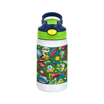 Pop art colorful seamless, Children's hot water bottle, stainless steel, with safety straw, green, blue (350ml)