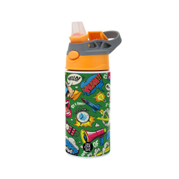 Pop art colorful seamless, Children's hot water bottle, stainless steel, with safety straw, Orange/Grey (360ml) BPA-FREE