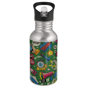 Pop art colorful seamless, Water bottle Silver with straw, stainless steel 500ml