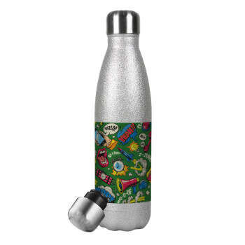 Pop art colorful seamless, Metallic Glitter Silver Thermos Flask (Stainless steel), double-walled, 500ml