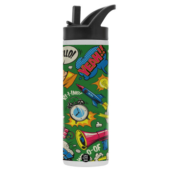 Pop art colorful seamless, Metallic thermos bottle with straw & handle, stainless steel (Stainless steel 304), double-walled, 600ml.