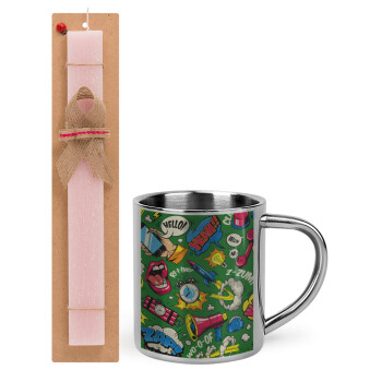 Pop art colorful seamless, Easter Set, metallic thermal cup (300ml) & aromatic flat Easter candle (30cm) (PINK)