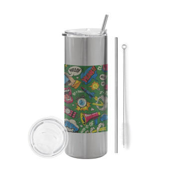 Pop art colorful seamless, Eco friendly stainless steel Silver tumbler 600ml, with metal straw & cleaning brush
