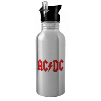 AC/DC, Παγούρι νερού Ασημένιο με καλαμάκι, ανοξείδωτο ατσάλι 600ml