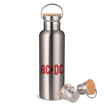 AC/DC, Stainless steel Silver with wooden lid (bamboo), double wall, 750ml