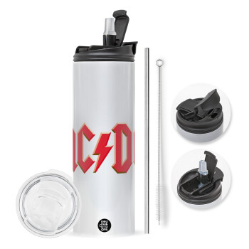 AC/DC, Travel Tumbler θερμό με διπλό καπάκι, μεταλλικό καλαμάκι και βούρτσα καθαρισμού (Ανωξείδωτο 304 Food grade, BPA free, 600ml)