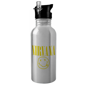 Nirvana, Παγούρι νερού Ασημένιο με καλαμάκι, ανοξείδωτο ατσάλι 600ml