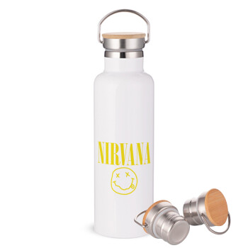 Nirvana, Stainless steel White with wooden lid (bamboo), double wall, 750ml