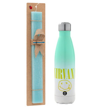 Nirvana, Easter Set, Metallic green/white thermos (Stainless steel), double-walled, 500ml & scented flat Easter candle (30cm) (TURQUOISE)