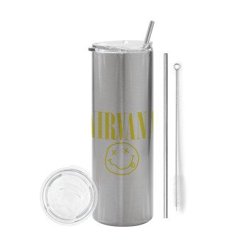 Nirvana, Eco friendly stainless steel Silver tumbler 600ml, with metal straw & cleaning brush