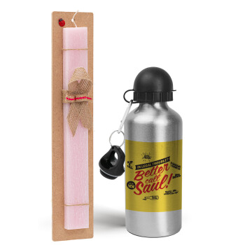 Better Call Saul, Easter Set, metallic Silver aluminum water bottle (500ml) & scented flat Easter candle (30cm) (PINK)