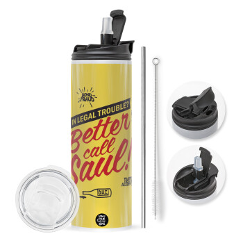 Better Call Saul, Travel Tumbler θερμό με διπλό καπάκι, μεταλλικό καλαμάκι και βούρτσα καθαρισμού (Ανωξείδωτο 304 Food grade, BPA free, 600ml)