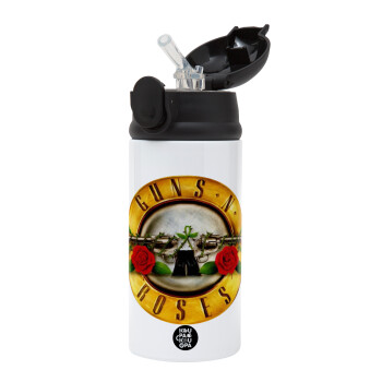 Guns N' Roses, Children's hot water bottle, stainless steel, with safety straw, Black (360ml) BPA-FREE