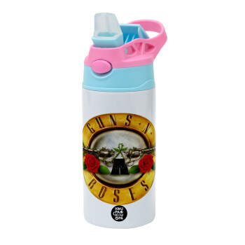 Guns N' Roses, Children's hot water bottle, stainless steel, with safety straw, Pink/BlueCiel (360ml) BPA FREE