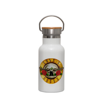 Guns N' Roses, Metallic thermos (Stainless steel) White with wooden lid (bamboo), double-walled, 350ml