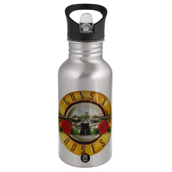 Guns N' Roses, Water bottle Silver with straw, stainless steel 500ml