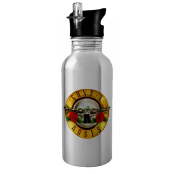 Guns N' Roses, Water bottle Silver with straw, stainless steel 600ml