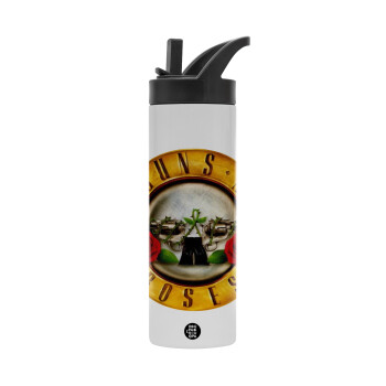 Guns N' Roses, Metallic thermos bottle with straw & handle, stainless steel (Stainless steel 304), double-walled, 600ml.