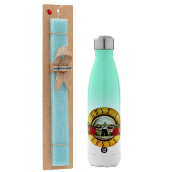 Guns N' Roses, Easter Set, Metallic green/white thermos (Stainless steel), double-walled, 500ml & scented flat Easter candle (30cm) (TURQUOISE)