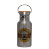 Stainless steel metallic thermos flask, silver with a bamboo lid, double-walled, 350ml.