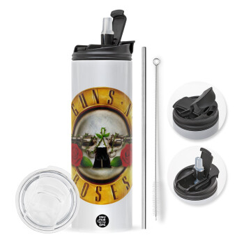 Guns N' Roses, Travel Tumbler θερμό με διπλό καπάκι, μεταλλικό καλαμάκι και βούρτσα καθαρισμού (Ανωξείδωτο 304 Food grade, BPA free, 600ml)