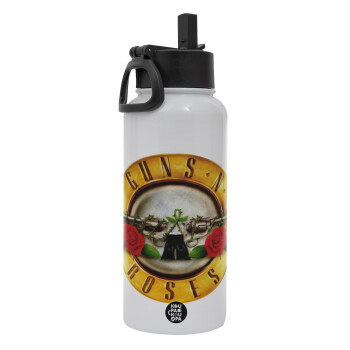 Guns N' Roses, Metal mug thermo White with Straw and Spout Lid (Stainless steel), double wall, 950ml