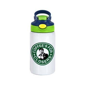 Coffee's for closers, Children's hot water bottle, stainless steel, with safety straw, green, blue (350ml)