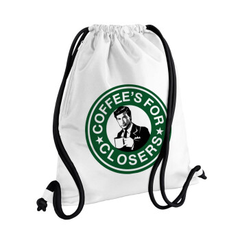 Coffee's for closers, Τσάντα πλάτης πουγκί GYMBAG λευκή, με τσέπη (40x48cm) & χονδρά κορδόνια
