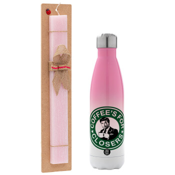 Coffee's for closers, Easter Set, Metallic pink/white (Stainless steel) thermos, double-walled, 500ml & aromatic flat Easter candle (30cm) (PINK)