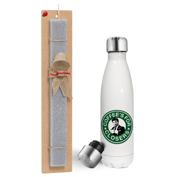 Coffee's for closers, Easter candle, metallic white thermos bottle (500ml) & aromatic flat candle (30cm) (GRAY)