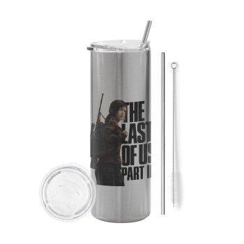 Last of us, Ellie, Eco friendly ποτήρι θερμό Ασημένιο (tumbler) από ανοξείδωτο ατσάλι 600ml, με μεταλλικό καλαμάκι & βούρτσα καθαρισμού