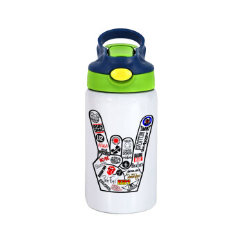 Best Rock Bands hand, Children's hot water bottle, stainless steel, with safety straw, green, blue (350ml)