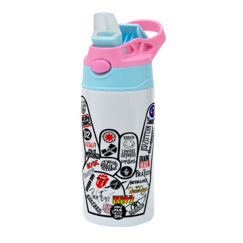 Best Rock Bands hand, Children's hot water bottle, stainless steel, with safety straw, Pink/BlueCiel (360ml) BPA FREE