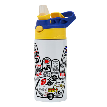 Best Rock Bands hand, Children's hot water bottle, stainless steel, with safety straw, green, blue (360ml) BPA FREE