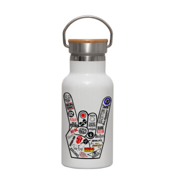 Best Rock Bands hand, Metallic thermos (Stainless steel) White with wooden lid (bamboo), double-walled, 350ml