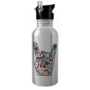 Best Rock Bands hand, Water bottle Silver with straw, stainless steel 600ml
