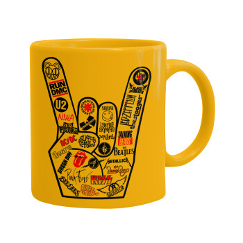 Best Rock Bands hand, Ceramic coffee mug yellow, 330ml (1pcs)