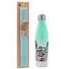 Easter Set, Metallic green/white thermos (Stainless steel), double-walled, 500ml & scented flat Easter candle (30cm) (TURQUOISE)