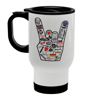 Best Rock Bands hand, Stainless steel travel mug with lid, double wall white 450ml