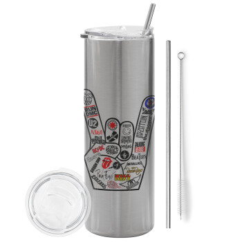 Best Rock Bands hand, Eco friendly ποτήρι θερμό Ασημένιο (tumbler) από ανοξείδωτο ατσάλι 600ml, με μεταλλικό καλαμάκι & βούρτσα καθαρισμού