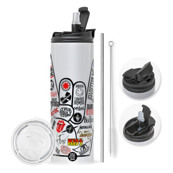 Best Rock Bands hand, Travel Tumbler θερμό με διπλό καπάκι, μεταλλικό καλαμάκι και βούρτσα καθαρισμού (Ανωξείδωτο 304 Food grade, BPA free, 600ml)