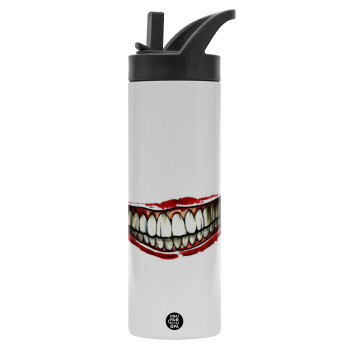Joker smile, Μεταλλικό παγούρι θερμός με καλαμάκι & χειρολαβή, ανοξείδωτο ατσάλι (Stainless steel 304), διπλού τοιχώματος, 600ml