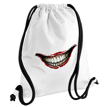 Joker smile, Τσάντα πλάτης πουγκί GYMBAG λευκή, με τσέπη (40x48cm) & χονδρά κορδόνια