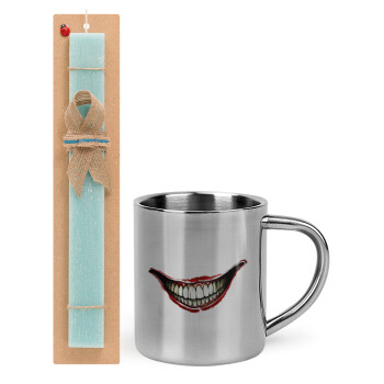 Joker smile, Easter Set, metallic thermal cup (300ml) & aromatic flat Easter candle (30cm) (TURQUOISE)