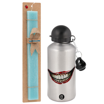 Joker smile, Easter Set, metallic silver aluminum water bottle (500ml) & scented flat Easter candle (30cm) (TURQUOISE)