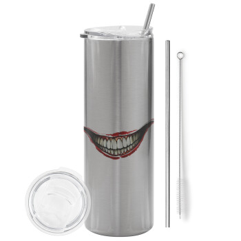 Joker smile, Tumbler ποτήρι θερμό Ασημένιο από ανοξείδωτο ατσάλι 600ml, με μεταλλικό καλαμάκι & βούρτσα καθαρισμού