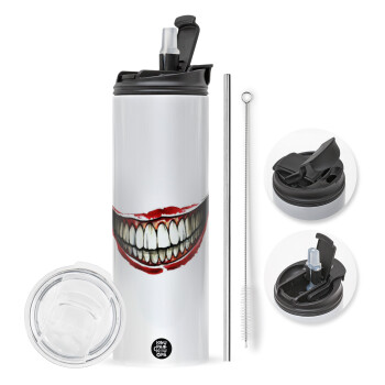 Joker smile, Travel Tumbler θερμό με διπλό καπάκι, μεταλλικό καλαμάκι και βούρτσα καθαρισμού (Ανωξείδωτο 304 Food grade, BPA free, 600ml)