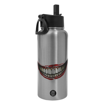 Joker smile, Metal mug thermo Silver with Straw and Spout Lid (Stainless steel), double wall, 950ml