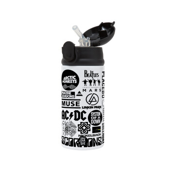 Best Rock Bands Collection, Children's hot water bottle, stainless steel, with safety straw, Black (360ml) BPA-FREE